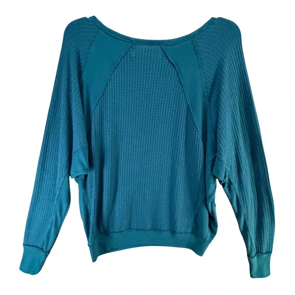 Free People We The Free Santa Clara Thermal Top XS Blue Waffle Boho Chic Slouchy